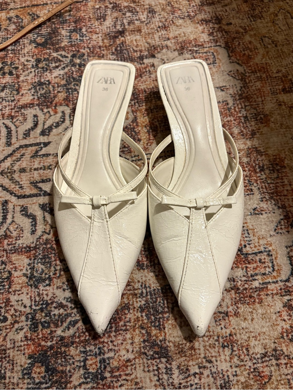 Zara White Pointed Bow Slingback Mules